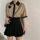 Set: Flower Brooch Elbow-sleeve Plaid Shirt + Pleated A-line Skirt