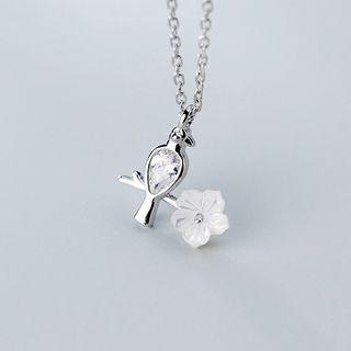 925 Sterling Silver Rhinestone Flower & Bird Pendant Necklace S925 Silver - As Shown In Figure - One Size