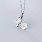 925 Sterling Silver Rhinestone Flower & Bird Pendant Necklace S925 Silver - As Shown In Figure - One Size