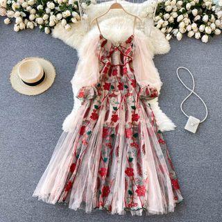 Off-shoulder Mesh Puff-sleeve Panel Embroidered Spaghetti-strap Dress