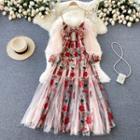 Off-shoulder Mesh Puff-sleeve Panel Embroidered Spaghetti-strap Dress
