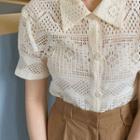 Pintuck-sleeve Perforated Blouse Cream - One Size