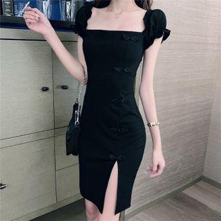 Puff-sleeve Slit-side Plain Dress