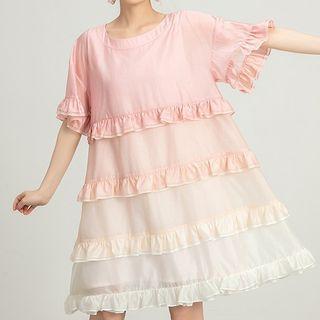 Elbow-sleeve Ruffled Gradient A-line Dress