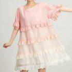 Elbow-sleeve Ruffled Gradient A-line Dress