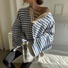 Striped Lace Up Flared-sleeve Oversize T-shirt
