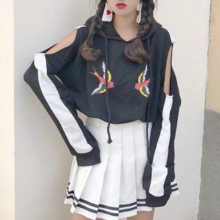 Print Open Shoulder Long-sleeve Hoodie