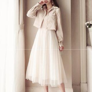 Set: Crop Button Jacket + Spaghetti Strap Midi Mesh Dress