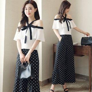 Set: Off-shoulder Ruffle Top + Polka Dot Wide-leg Pants