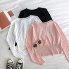 Plain Perforated Long-sleeve Knit T-shirt