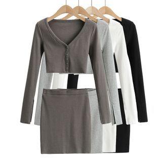 Set: Long-sleeve Button-up Top + Mini Pencil Skirt