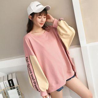 Lettering Color Block Lantern-sleeve Pullover