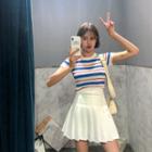 Set: Stripe Knit Top + Inner Shorts Pleat Miniskirt