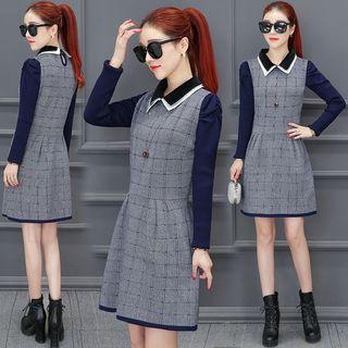 Long-sleeve Check Collared Dress