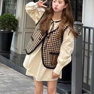 Houndstooth Vest / Long-sleeve Bow Mini A-line Dress