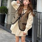 Houndstooth Vest / Long-sleeve Bow Mini A-line Dress