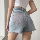 High-waist Heart Embroidered Wide-leg Denim Shorts