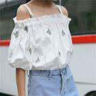 Embroidered Off-shoulder Spaghetti Strap Short-sleeve Blouse
