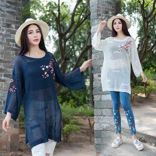 Embroidered Open Knit Long Sweater