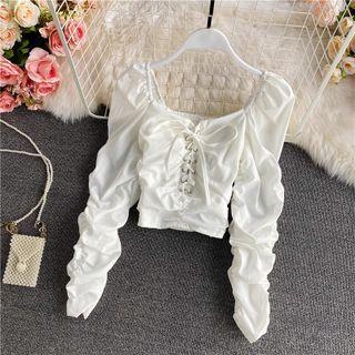 Puff Sleeve Ruched Lace Up Blouse