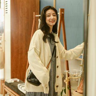 Plain Open Front Cardigan Beige - One Size