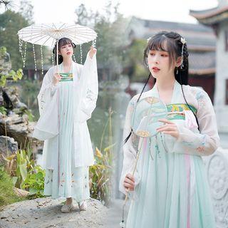 Long-sleeve Hanfu Top / Strapless Maxi A-line Dress / Cover-up / Set