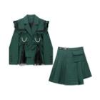 Faux Pearl Bow-accent Plaid Button Jacket / Irregular Mini Skirt