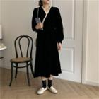 Long-sleeve V-neck Contrast Trim Velvet Dress Black - One Size