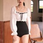 Set: Long-sleeve Two Tone Swimsuit + Skirt