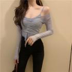 Long-sleeve Cold Shoulder Mesh Drawstring Top