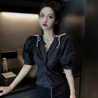 Short-sleeve V-neck Bow Knotted Plain Blouse Black - One Size