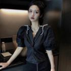 Short-sleeve V-neck Bow Knotted Plain Blouse Black - One Size
