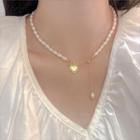 Heart Pendant Freshwater Pearl Choker White & Gold - One Size