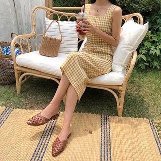 Square-neck Sleeveless Gingham Dress