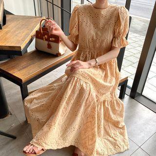 Eyelet Lace Short-sleeve Maxi Shift Dress