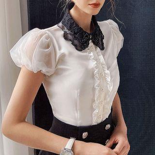 Puff-sleeve Contrast Collar Ruffle Trim Blouse