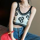 Sleeveless Flower Print Knit Top As Figure - One Size