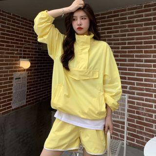 Set: Long-sleeve Stand-collar Sweatshirt + Sweatshorts Yellow - One Size
