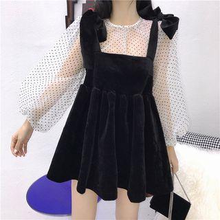 Puff-sleeve Dotted Sheer Blouse / Mini A-line Pinafore Dress