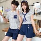 Short-sleeve Striped Couple Matching T-shirt / Shorts