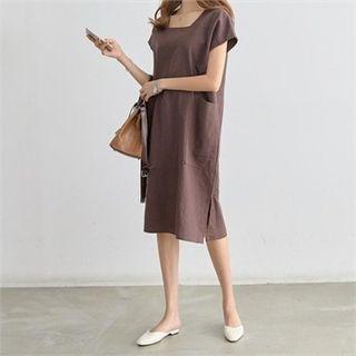 Square-neck Short-sleeve Linen Midi Dress