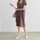 Square-neck Short-sleeve Linen Midi Dress