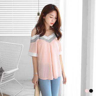 Short Sleeve Cold-shoulder Chevron Top