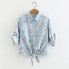 3/4-sleeve Floral Front Knotted Shirt Light Blue - One Size