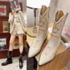 Pointed Block Heel Embroidered Mid-calf Boots