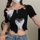 Short-sleeve Mock Two-piece Cropped T-shirt Panel - Black - One Size