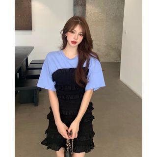 Two-tone Panel Ruffle Trim Mini Bodycon Dress Black & Blue - One Size