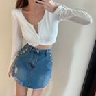 Long-sleeve Twisted Top / Denim Skirt