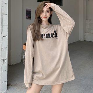 Long-sleeve Lettering T-shirt Khaki - One Size