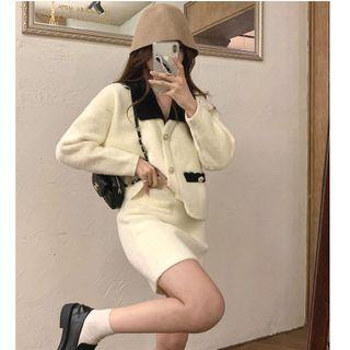 Color-block Crop Cardigan / Slim-fit Skirt